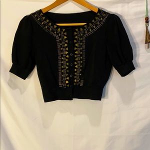 Puff sleeve cropped cardigan w/ brass bead detail